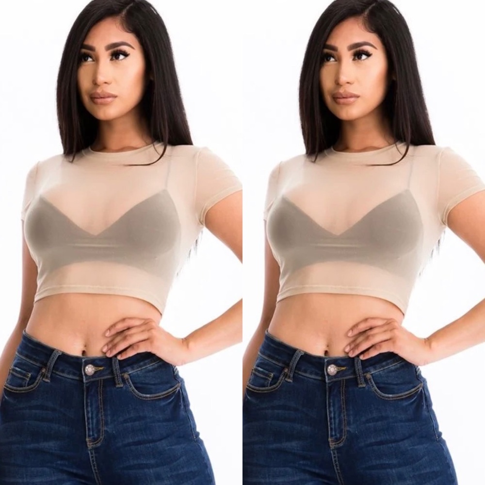 NEW ON TREND KHAKI CROPPED TOP SHORT SLEEVE SHEER MESH SHIRT - Picture 1 of 2
